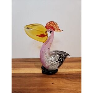 Vintage Hand Blown Art Glass Pelican Bird with fish Figurine Paper Weight